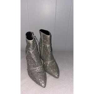 Silver Glitter Ankle Bootie Block Heel Textile Upper Women's Size 7.5W